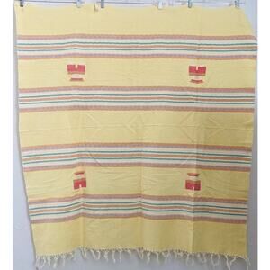 Vintage Guatemalan Handwoven Cotton Tablecloth Yellow Faces Fringe Stripes Soft